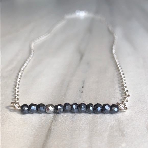 Black Spinel Faceted Crystal Silver Bar Necklace - Picture 2 of 2